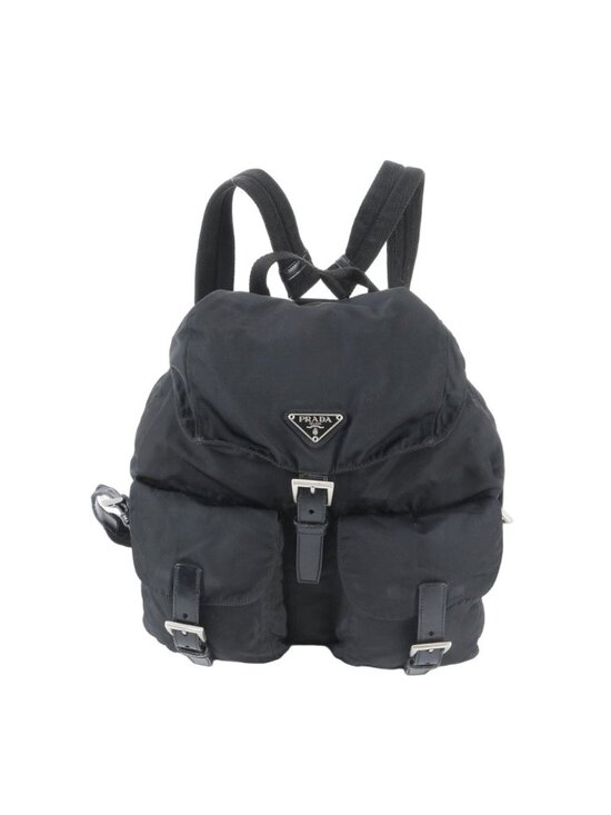 Prada Tessuto Nylon Triangle Logo Leather Backpack Black